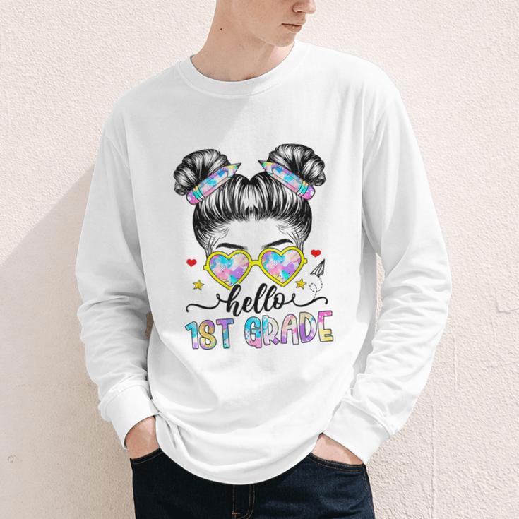 Hello 1st Grade Messy Bun Girl Back To School First Day Youth Long Sleeve Tee Hello 1st Grade Messy Bun Girl Back To School First Day Youth Long Sleeve Tee