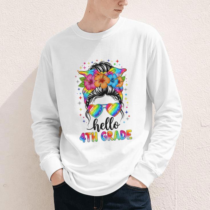 Hello 4th Grade Messy Bun Girls Back To School First Day Youth Long Sleeve Tee Hello 4th Grade Messy Bun Girls Back To School First Day Youth Long Sleeve Tee