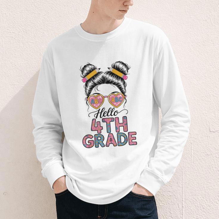 Hello 4th Grade Messy Bun Hair Back To School Girls Youth Long Sleeve Tee Hello 4th Grade Messy Bun Hair Back To School Girls Youth Long Sleeve Tee