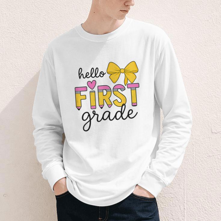 Hello First Grade For Girls Boys Cute Back To School Pencil Youth Long Sleeve Tee Hello First Grade For Girls Boys Cute Back To School Pencil Youth Long Sleeve Tee