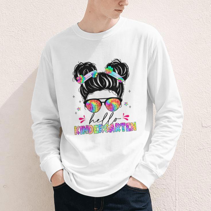 Hello Kindergarten Shirt Messy Bun Tie Dye Back To School Youth Long Sleeve Tee Hello Kindergarten Shirt Messy Bun Tie Dye Back To School Youth Long Sleeve Tee