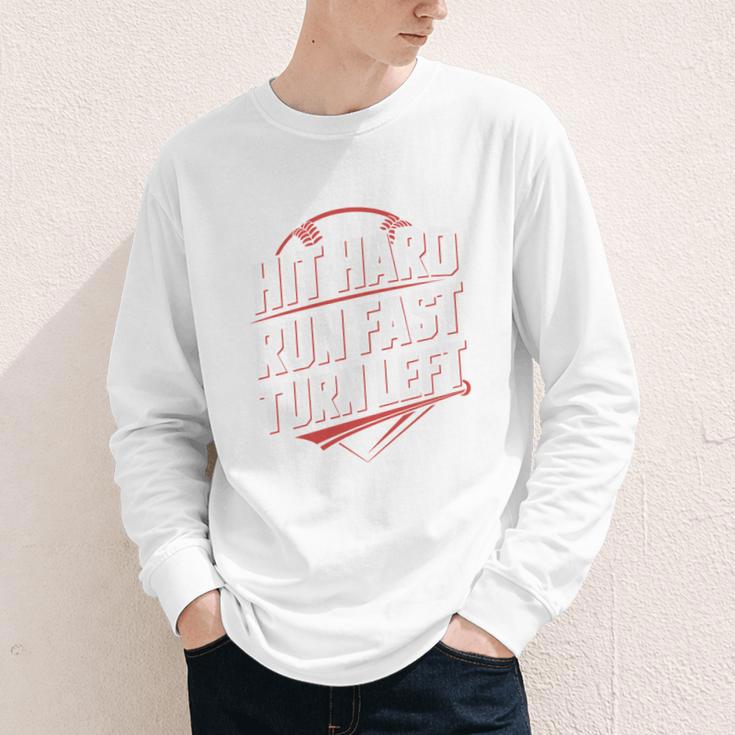 Hit Hard Run Fast Turn Left Baseball Fan Red Graphic Youth Long Sleeve Tee