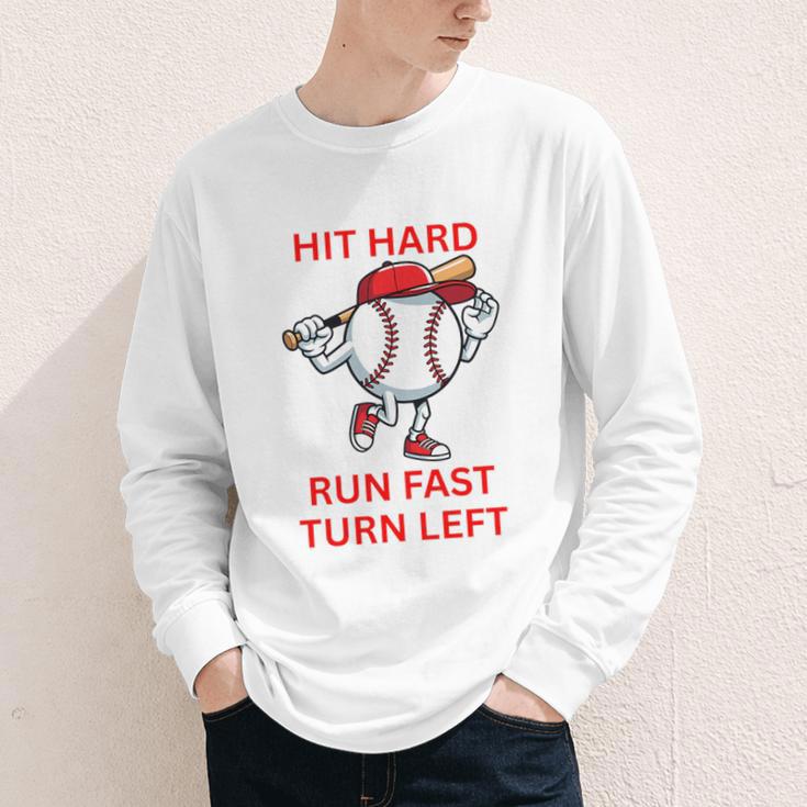 Hit Hard Run Fast Turn Left Baseball Player Premium Tri-Blend Youth Long Sleeve Tee
