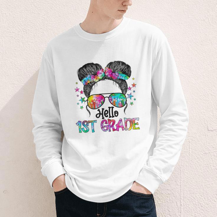 Messy Hair Bun Girl Back To School First Day Hello 1st Grade Youth Long Sleeve Tee