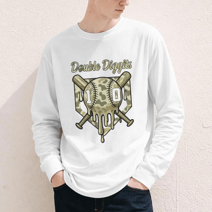 Old School Camo Baseball Drip Double Digits 10th Birthday Youth Long Sleeve Tee