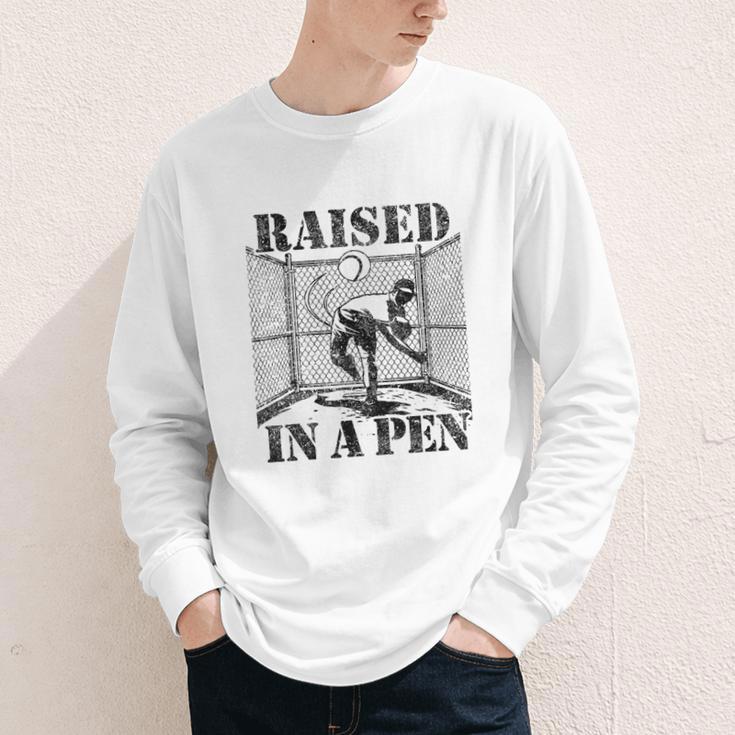 Raised In a Pen Baseball Pitcher Saying Bullpen Youth Long Sleeve Tee