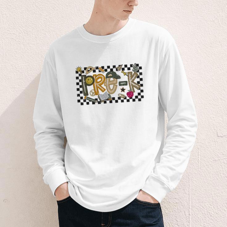Retro Checkered Back To School Pre K Dude Cute Kid Preschool Youth Long Sleeve Tee