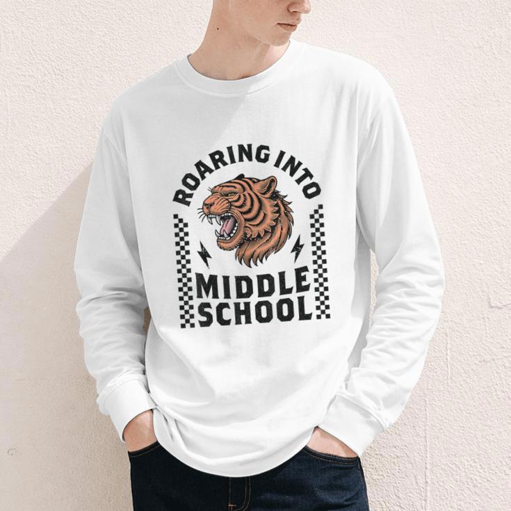 Roaring Into Middle School Tiger Back To School Boy Girl Kid Youth Long Sleeve Tee