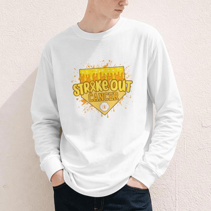 Strike Out Childhood Cancer Boys Baseball Drip Gold Ribbon Youth Long Sleeve Tee Strike Out Childhood Cancer Boys Baseball Drip Gold Ribbon Youth Long Sleeve Tee