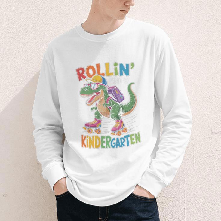 T Rex Rollin Into Kindergarten Back To School First Day Boys Youth Long Sleeve Tee T Rex Rollin Into Kindergarten Back To School First Day Boys Youth Long Sleeve Tee