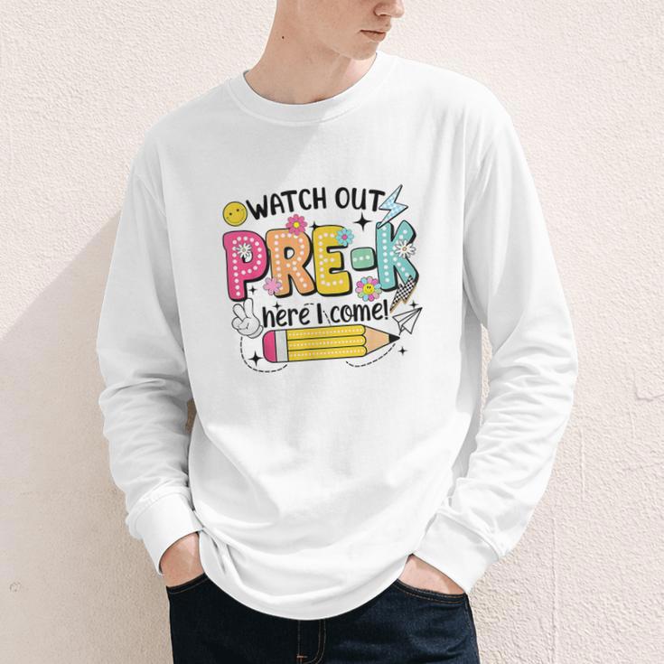 Watch Out Pre-K Here I Come Back To School Pre-K Youth Long Sleeve Tee Watch Out Pre-K Here I Come Back To School Pre-K Youth Long Sleeve Tee