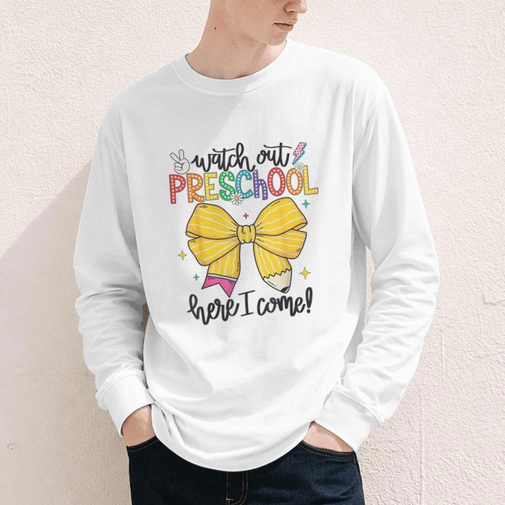 Watch Out Pre-K Here I Come Preschool Back To School Youth Long Sleeve Tee Watch Out Pre-K Here I Come Preschool Back To School Youth Long Sleeve Tee