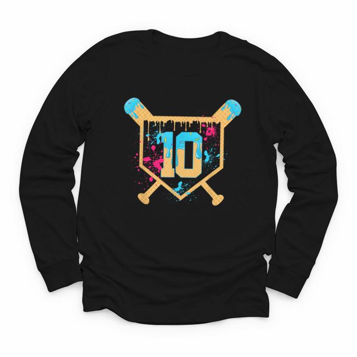 10 Years Old 10th Birthday Baseball Ice Cream Dripping Boys Youth Long Sleeve Tee