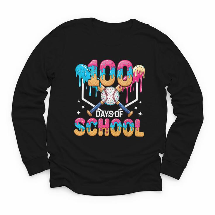 100 Days Of School Baseball Boys Ice Cream Drip 100th Day Youth Long Sleeve Tee