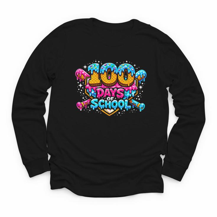 100 Days Of School Baseball Drip Ice Cream Costume Teachers Youth Long Sleeve Tee