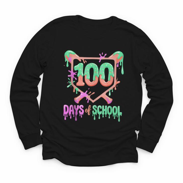100 Days Of School Baseball Ice Cream Drip 100th Day Player Youth Long Sleeve Tee