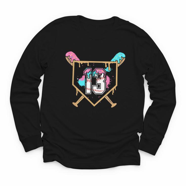 13th Birthday Baseball Bat Ice-Cream Drip 13yrs Old Boy Kid Youth Long Sleeve Tee