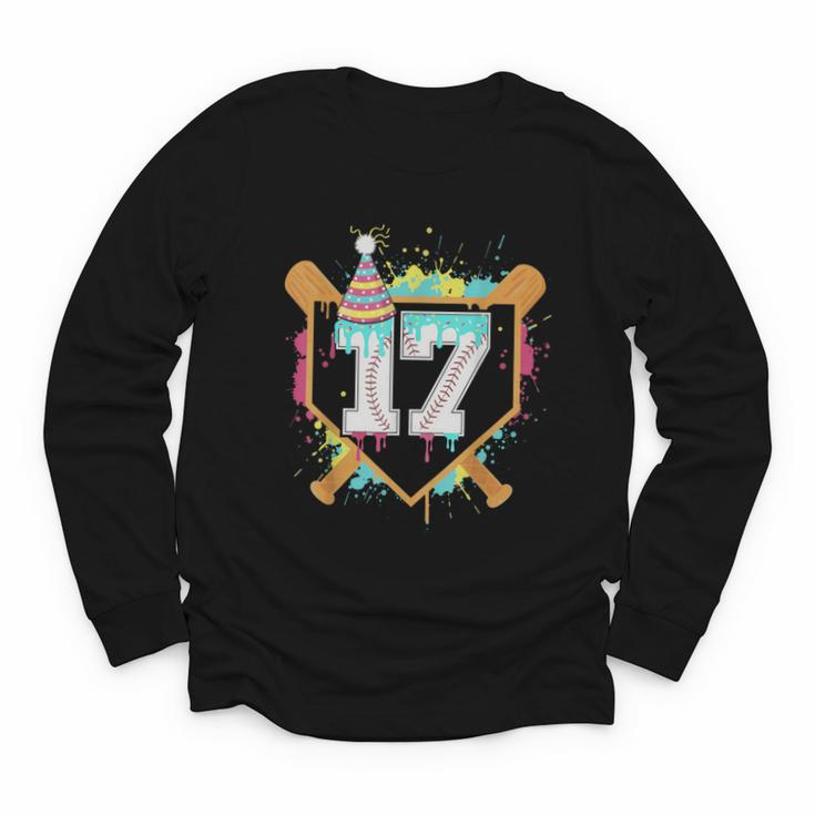 17th Birthday Baseball Drip Number 17 Year Old Birthday Boy Youth Long Sleeve Tee
