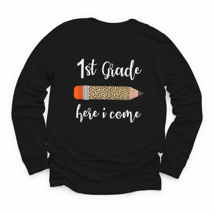 1st Grade Here I Come Leopard Pencil Back To School Student Youth Long Sleeve Tee