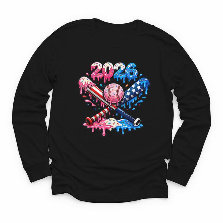 2026 American Flag Baseball Ice Cream Drip Bats Boys Youth Long Sleeve Tee