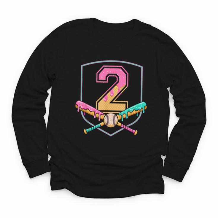 2nd Birthday Baseball Bat Ice-Cream Drip 2yrs Old Boys Kids Youth Long Sleeve Tee