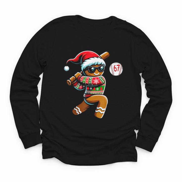 67 Gingerbread Man Playing Baseball Christmas 6 7 Meme Youth Long Sleeve Tee
