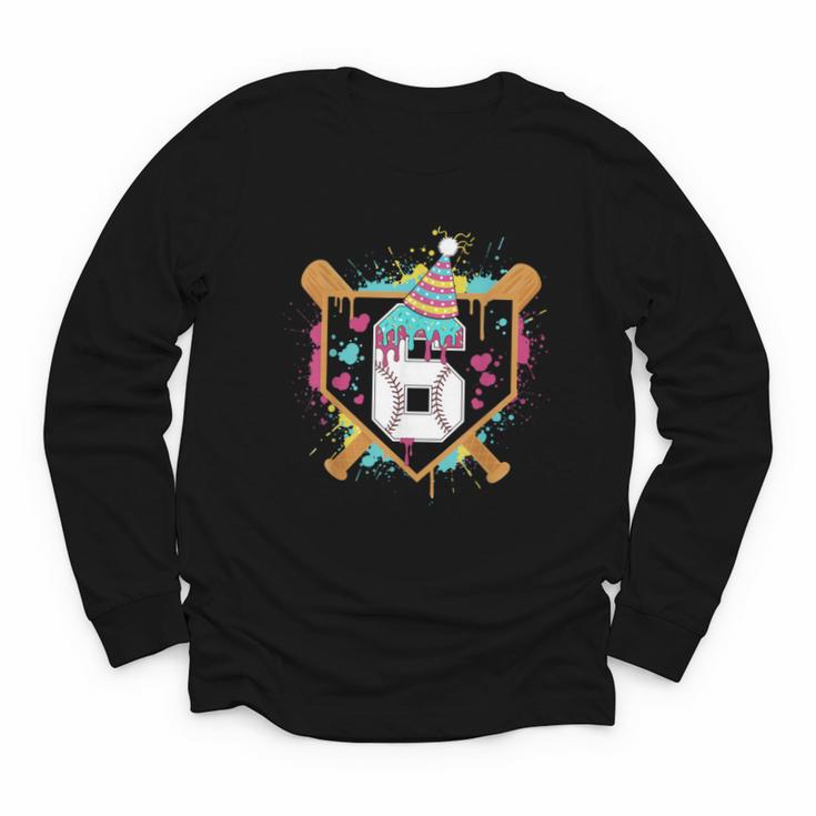 6th Birthday Baseball Drip Number 6 Year Old Birthday Boy Youth Long Sleeve Tee