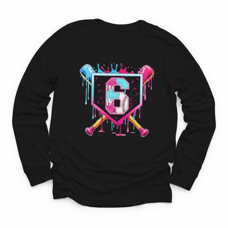 6th Birthday Boys Baseball Ice Cream Drip Boys Baseball Youth Long Sleeve Tee