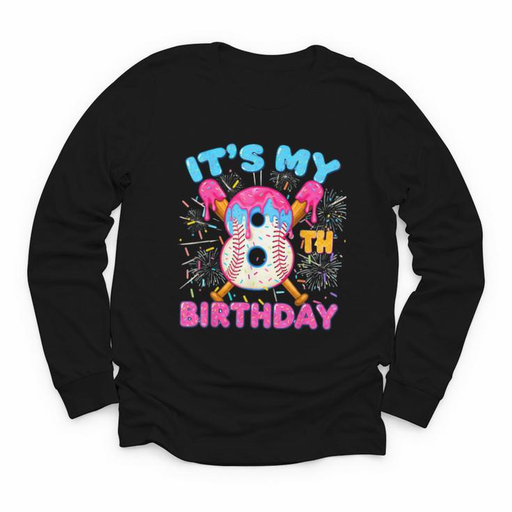 8th Birthday Baseball 8 Year Old Ice Cream Drip Boy Baseball Youth Long Sleeve Tee
