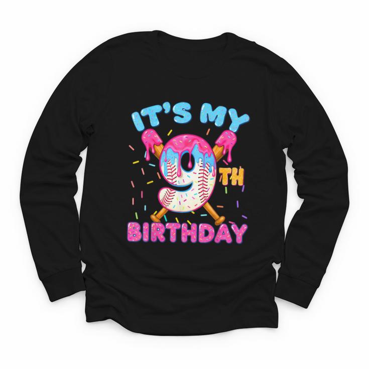 9th Birthday Baseball 9 Year Old Ice Cream Drip Boy Baseball Youth Long Sleeve Tee