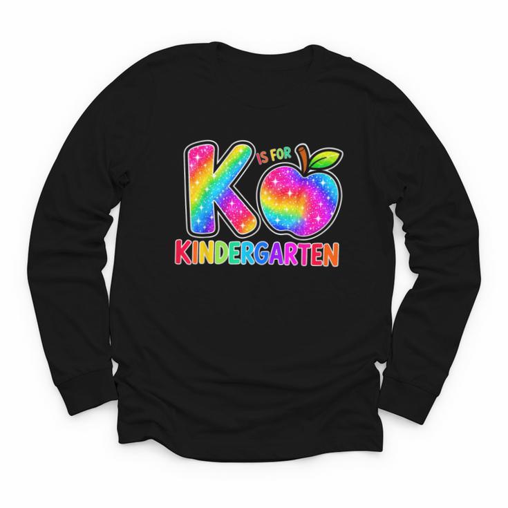 Back To School F Is For Kindergarten Rainbow Apple Kid Youth Long Sleeve Tee