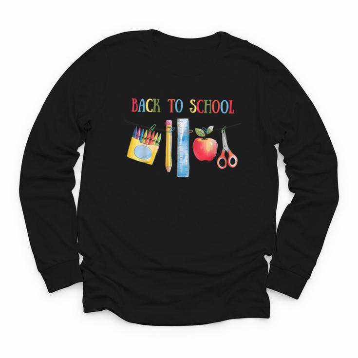 Back To School Shirt Apple Crayons Pencil Ruler Cute Graphic Youth Long Sleeve Tee