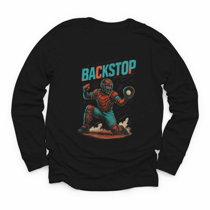 Backstop Catcher Baseball Graphic Youth Long Sleeve Tee