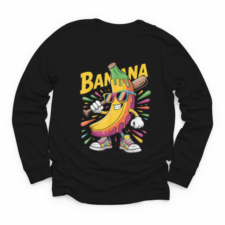 Banana Baseball Cartoon Cool Sports Kids Teens Youth Long Sleeve Tee