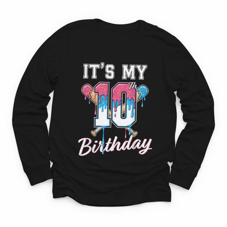 Baseball 10 Year Old Ice Cream Drip 10th Birthday Boys Youth Long Sleeve Tee