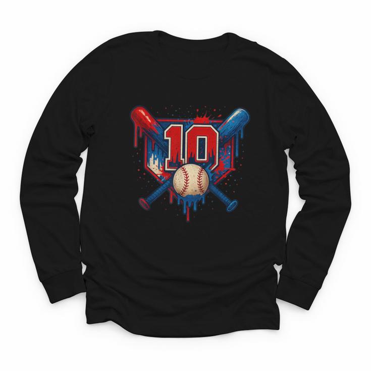 Baseball 10 Year Old Splash Drip 10th Birthday Boy Number 10 Youth Long Sleeve Tee