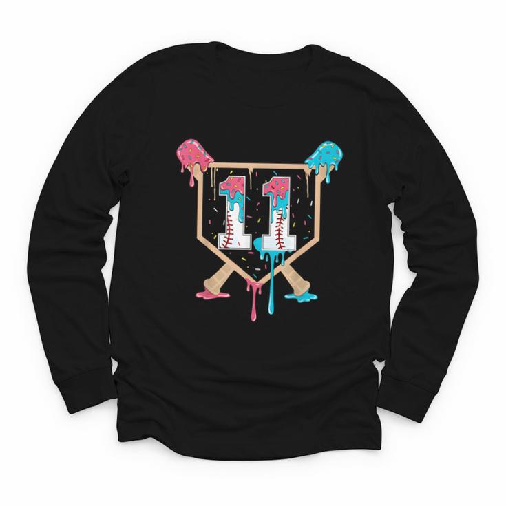 Baseball 11 Year Old Ice Cream Drip 11th Birthday Boy Player Youth Long Sleeve Tee