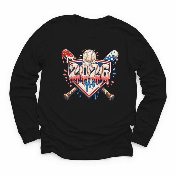 Baseball 2026 Ice Cream Drip Bats For Boys Birthday Graphic Youth Long Sleeve Tee