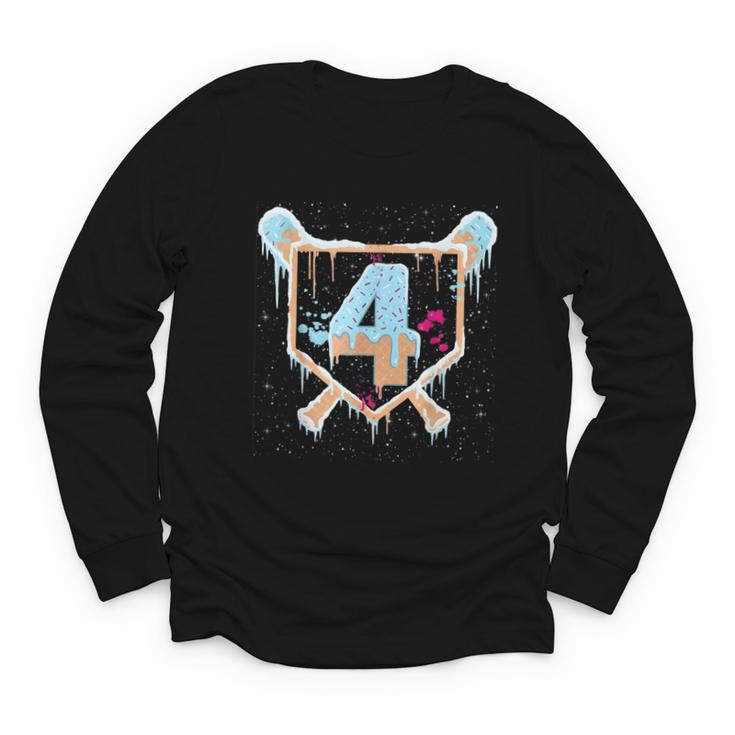 Baseball 4 Year Old Ice Cream Drip 4th Birthday Boy Number 4 Youth Long Sleeve Tee