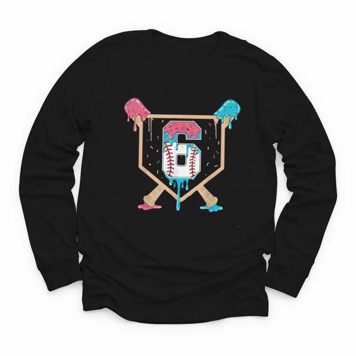 Baseball 6 Year Old Ice Cream Drip 6th Birthday Boys Player Youth Long Sleeve Tee