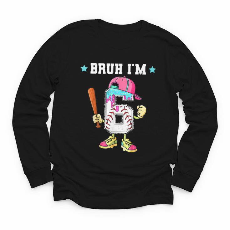 Baseball 6th Birthday Boy Ice Cream Drip Bruh I'm 6 Year Old Youth Long Sleeve Tee