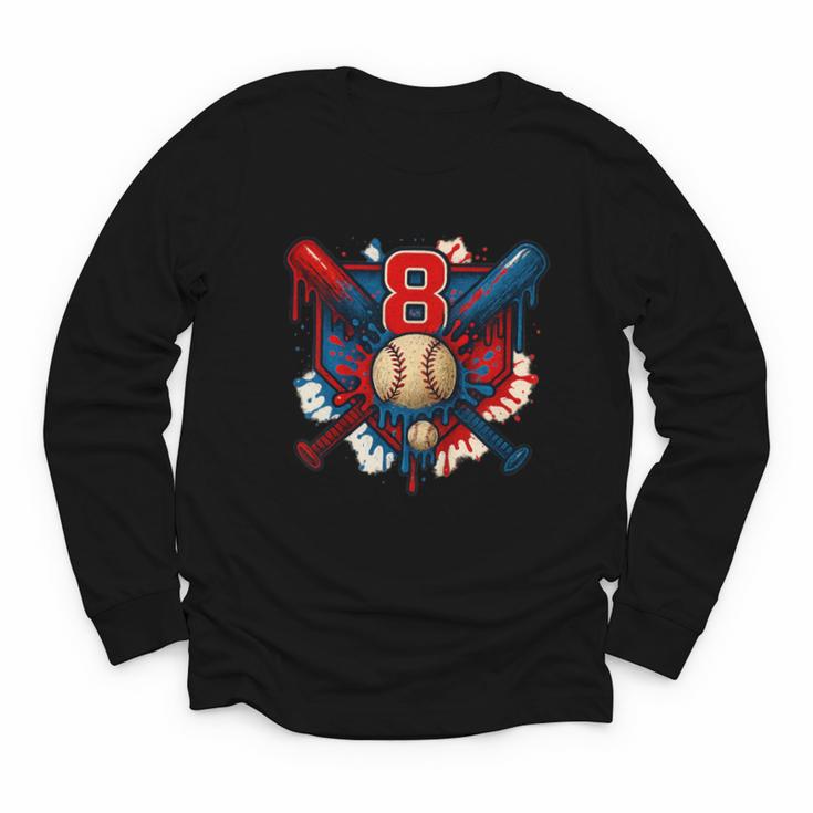 Baseball 8 Year Old Splash Drip 8th Birthday Boy Number 8 Youth Long Sleeve Tee
