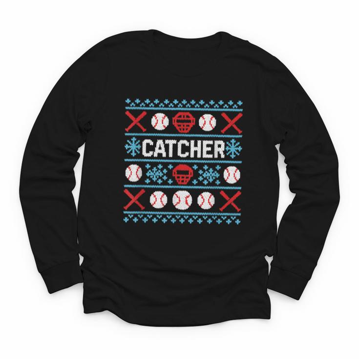 Baseball Catcher Ugly Christmas Sweater Pattern Sports Xmas Youth Long Sleeve Tee