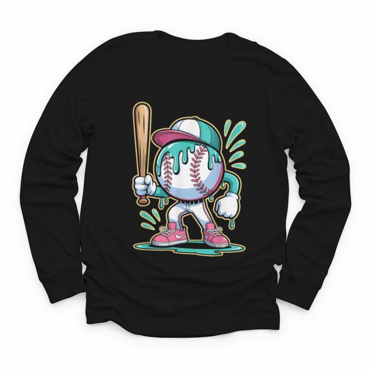 Baseball Character Cartoon Batter Drip Style Women Men Youth Long Sleeve Tee