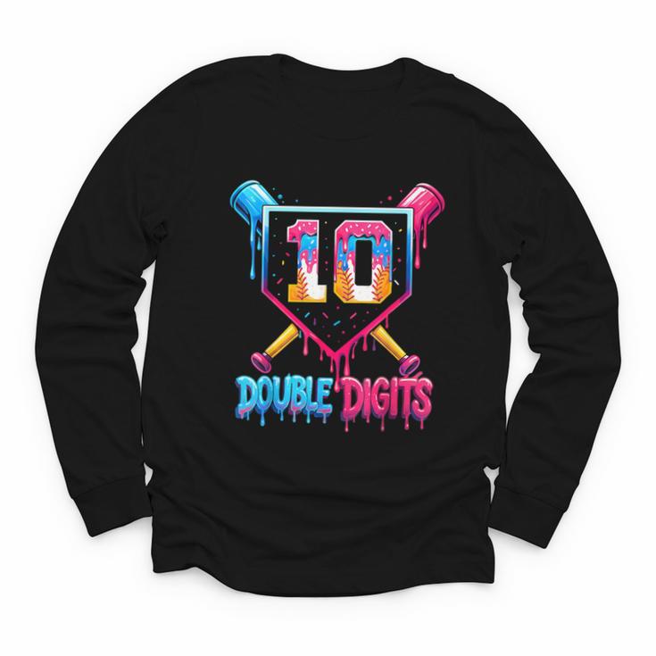Baseball Drip 10th Birthday Boy Double Digits Ice Cream Drip Youth Long Sleeve Tee