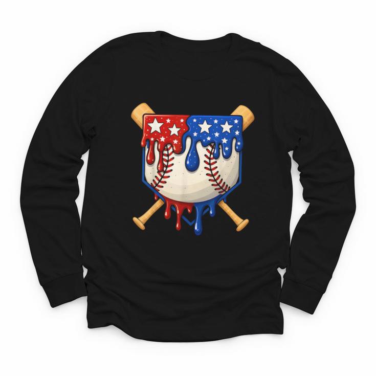 Baseball Drip American Flag Home Plate 4th Of July Patriotic Youth Long Sleeve Tee