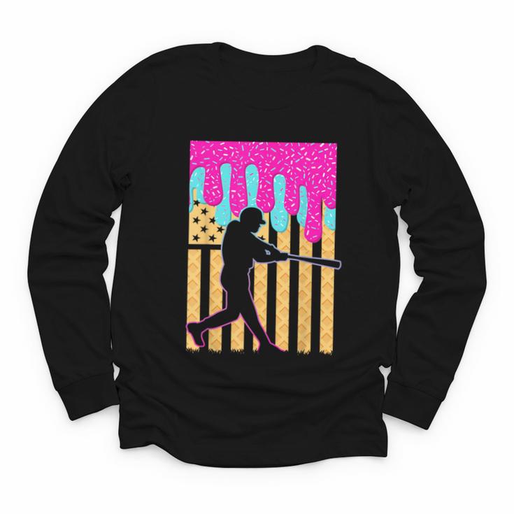 Baseball Drip Bat Boys Ice Cream American Flag 4th Of July Youth Long Sleeve Tee