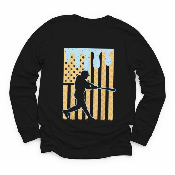 Baseball Drip Boys Dripping Ice Cream Baseball American Flag Youth Long Sleeve Tee