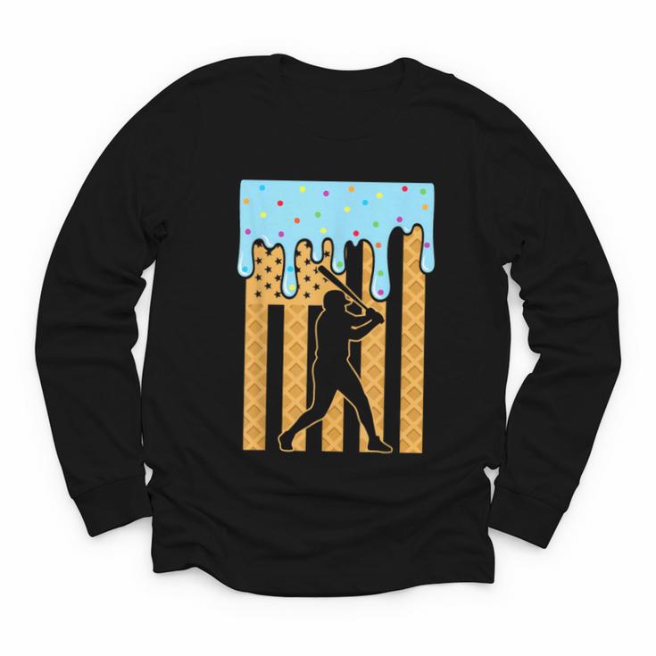 Baseball Drip Dripping Ice Cream Sport Player American Flag Youth Long Sleeve Tee