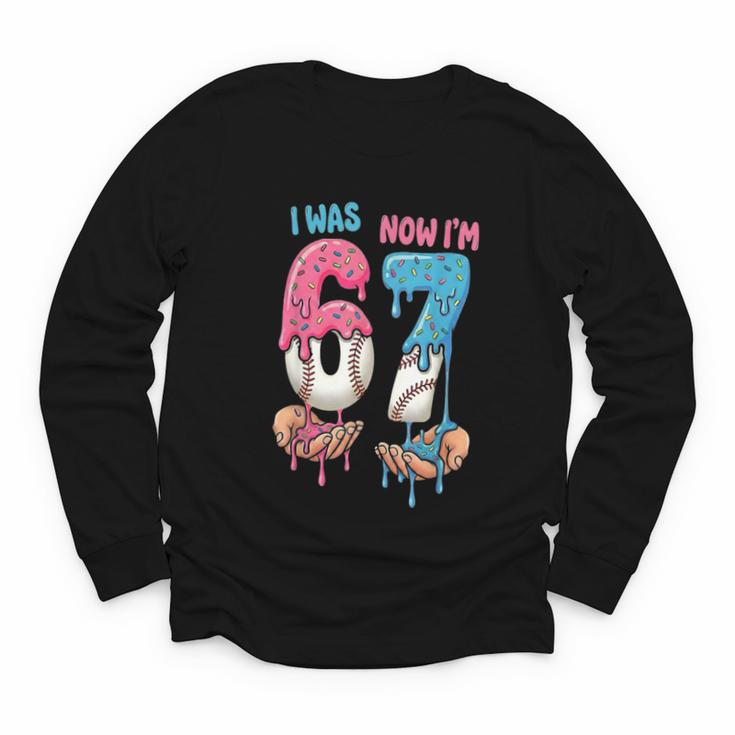 Baseball Ice Cream I Was 6 Now I'm 7 67 Birthday Boy Youth Long Sleeve Tee